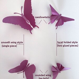 May include: A diagram showing different wing shapes for paper butterflies. The top row shows a butterfly with swallowtail wings in both a smooth wing style (single piece) and a facet folded style (two glued pieces). The bottom row shows a butterfly with rounded wings in both a smooth wing style and a facet folded style.