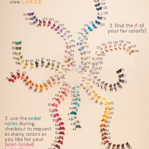 May include: A colorful display of 138 origami butterflies arranged in a spiral pattern. The butterflies are numbered from 1 to 138, and the text "The Color Squid by Hip+Clavicle" is at the top of the image. The text "1. touch or click zoom to view LARGE" is on the left side of the image. The text "2. find the # of your fav color(s)" is on the right side of the image. The text "3. use the order notes during checkout to request as many colors as you like for your facet-folded butterflies!" is on the left side of the image.