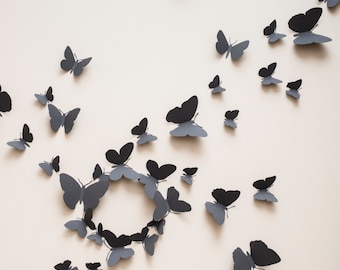 3D Wall Butterflies: 3D butterfly wall decals, paper butterflies in slate grey, modern decor