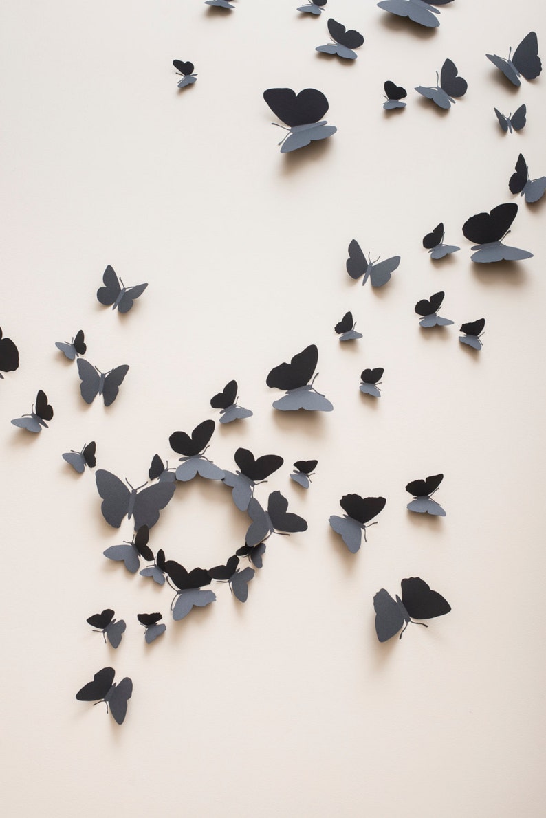 3D Wall Butterflies: 3D butterfly wall decals, paper butterflies in slate grey, modern decor image 1