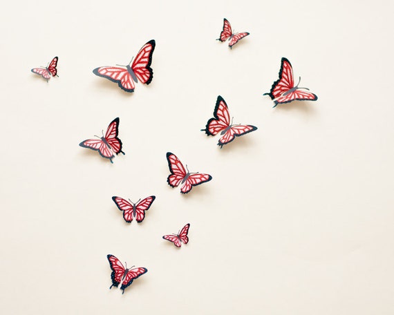 3D wall butterflies summer decor illustrated Oaxacan-style butterflies in cherry red Butterfly wall art