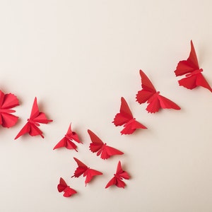 May include: A collection of red paper butterflies arranged in a curved pattern on a white background.