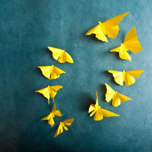 Arte de la pared de la mariposa 3D: siluetas de la mariposa amarillo limón para las niñas de la habitación, la guardería, y la decoración del arte del hogar