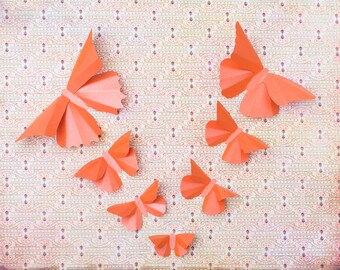 3D Butterfly Wall Art: 20 Metallic Butterfly Silhouettes for Girls Room, Nursery, and Home Art Decor in Carrot Orange