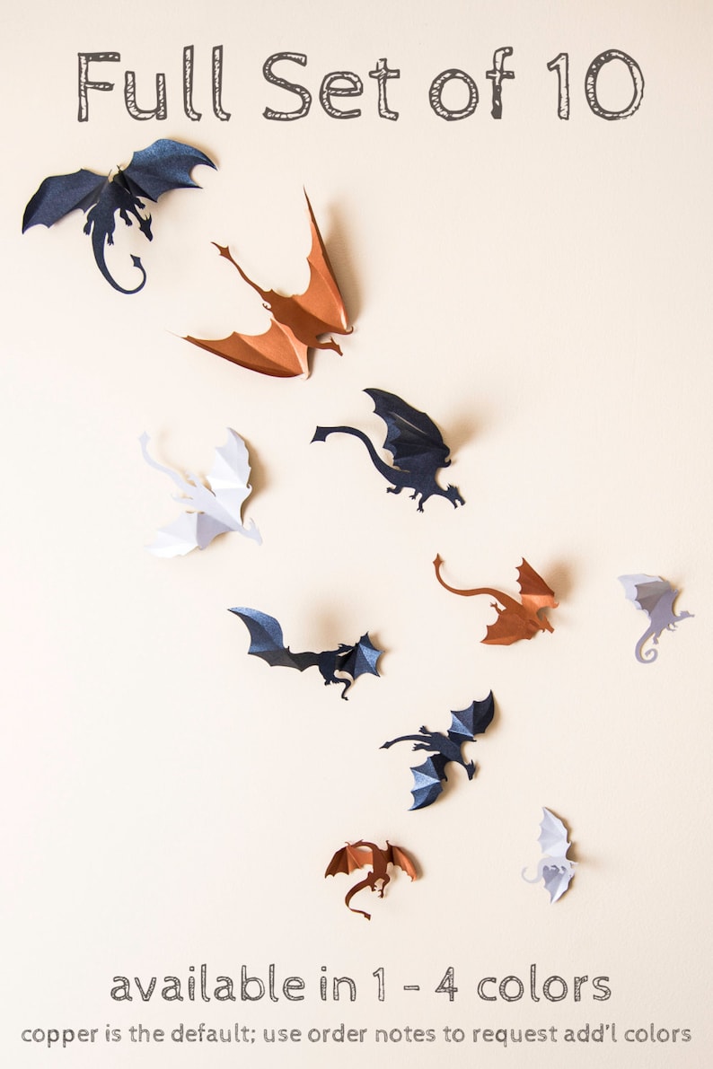 Game of Thrones inspired 3D Dragon Wall Art: dragon silhouettes, fantasy decor, copper metallic image 3