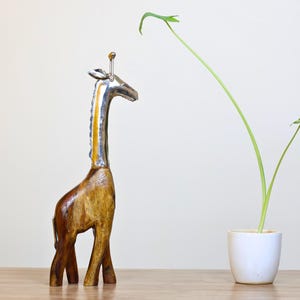 Handcrafted Wooden Giraffe Figurine with Metal Detailing | Tall Mango Wood Sculpture | Safari Theme Home Decor | African Animal Accent