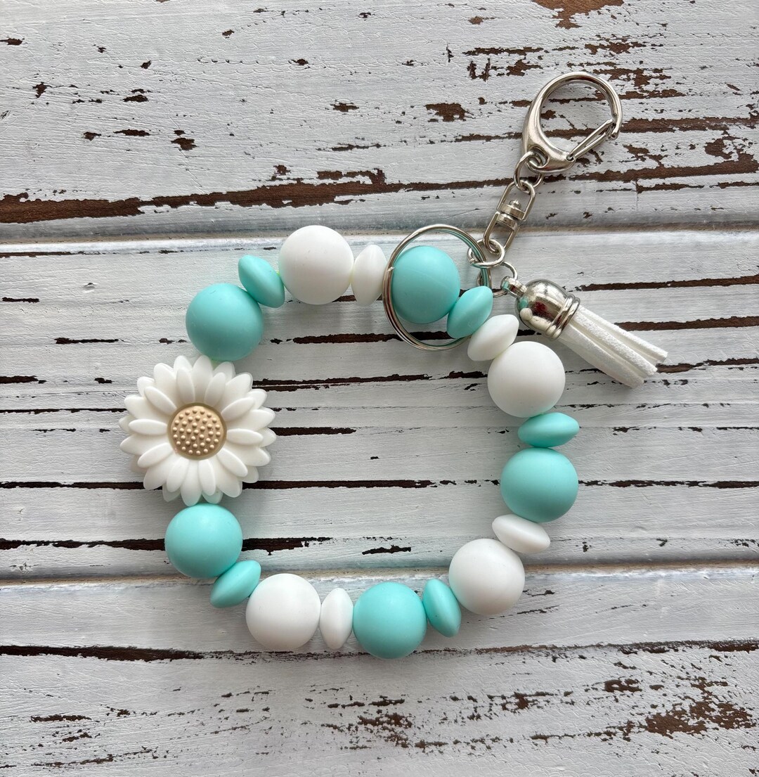 Aqua & White Silicone Beaded Keychain With Daisy Charm - Etsy