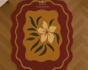 Hand Tufted Irregular Floral Area Rug, Burgundy Red & Mustard Yellow Botanical Wool Rug, Vintage Style Accent Carpet