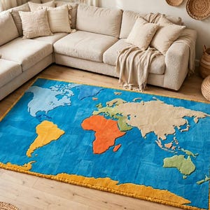 May include: A rectangular area rug featuring a world map design with a bright blue ocean background. The continents are depicted in distinct colors including yellow for South America, orange for Africa, and beige for Eurasia.