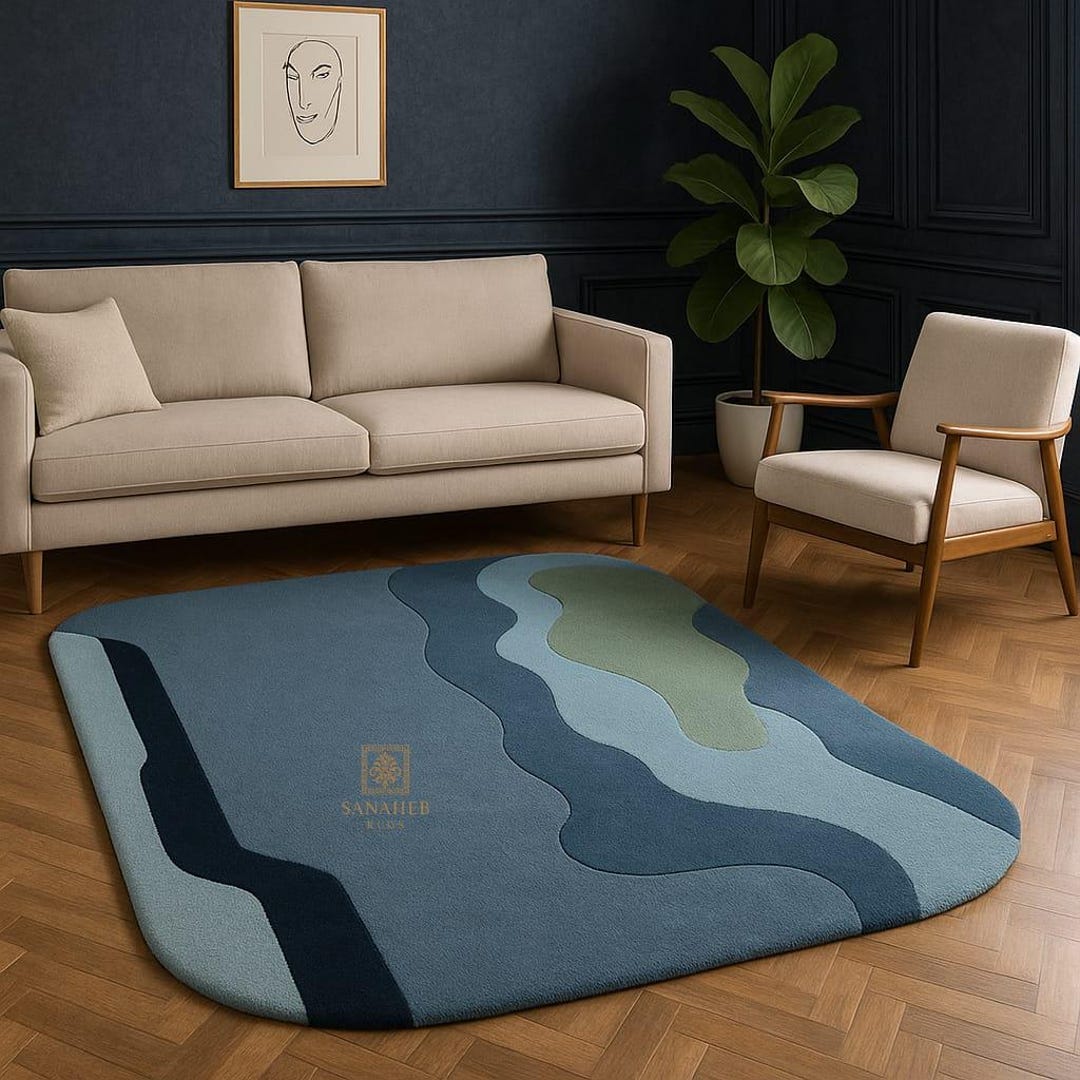 Blue & Green Abstract Rug | Modern Wavy Area Carpet, 5x8 - Etsy
