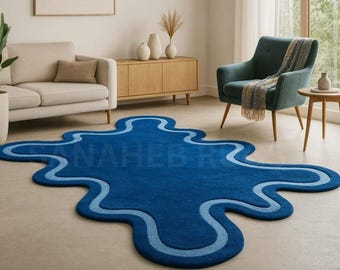 Blue Wavy Abstract Rug | Modern Irregular Plush Carpet