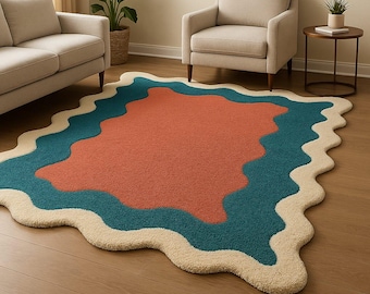 Handmade Wavy Edge Wool Rug | Modern Abstract Colorful Carpet
