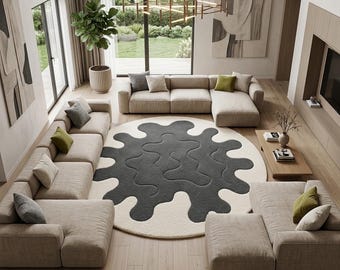Modern Abstract Round Rug – Grey & White Splash Design – Soft Contemporary Bedroom, Living Room Carpet