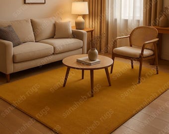 Hand-Tufted Mustard Yellow Wool Rug | Minimalist Solid Color Carpet, Mid-Century Modern Area Rug