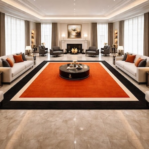 May include: A luxurious living room with a large orange rug, white sofas, and dark wood furniture. The room features a fireplace, large windows, and decorative lamps. The overall design is elegant and sophisticated, with a focus on comfort and style.