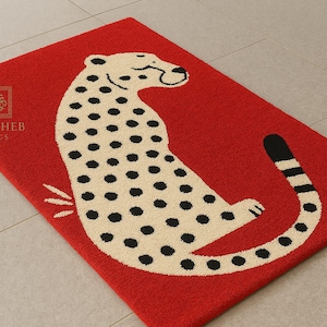 Leopard Print Area Rug 5X8 | Red & White Cheetah Rug 6x8 | Handmade Wool Rug by Sanaheb Rugs 8X10 9X12 Custom Rug