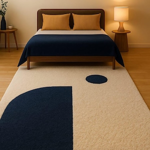 Modern Minimalist Geometric Rug – Navy Blue & Beige Bedroom Carpet | Contemporary Abstract Area Rug by Sanaheb Rugs