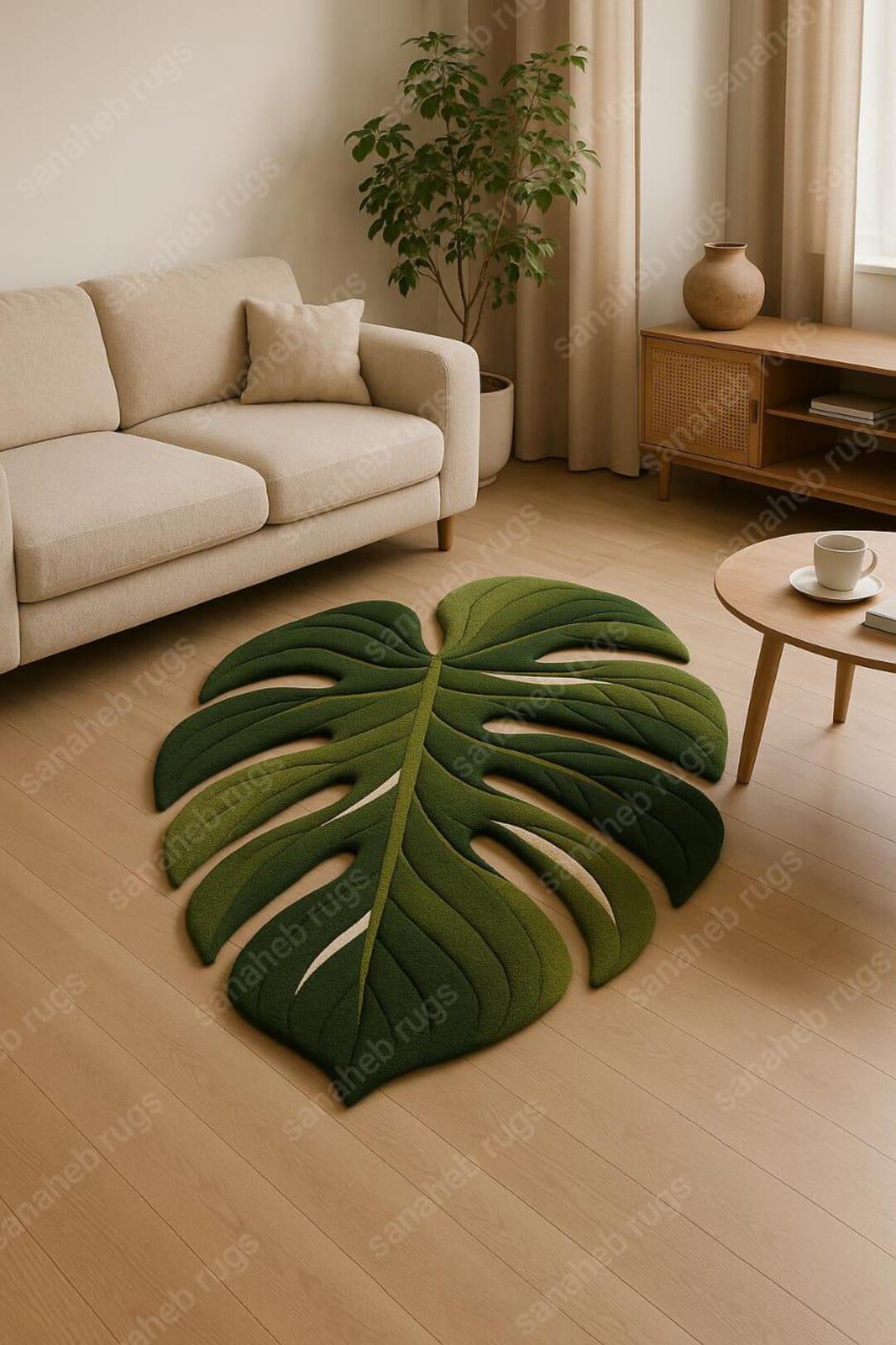 Monstera Leaf Shaped Rug – Hand Tufted 3D Green Carpet – Tropical ...