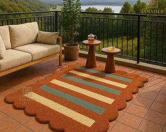 Rustic Outdoor Area Rug, Hand Tufted Brown Striped Scalloped Carpet, Colorful Geometric Patio Rug for Living Room Balcony Boho Home Decor