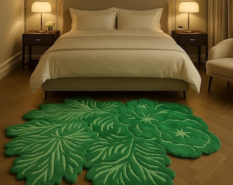 May include: A green leaf-shaped rug with detailed veining, placed on a wooden floor in front of a bed. The rug's design is a vibrant green, adding a natural element to the room. The text "SANAH EB RUGS" is visible.