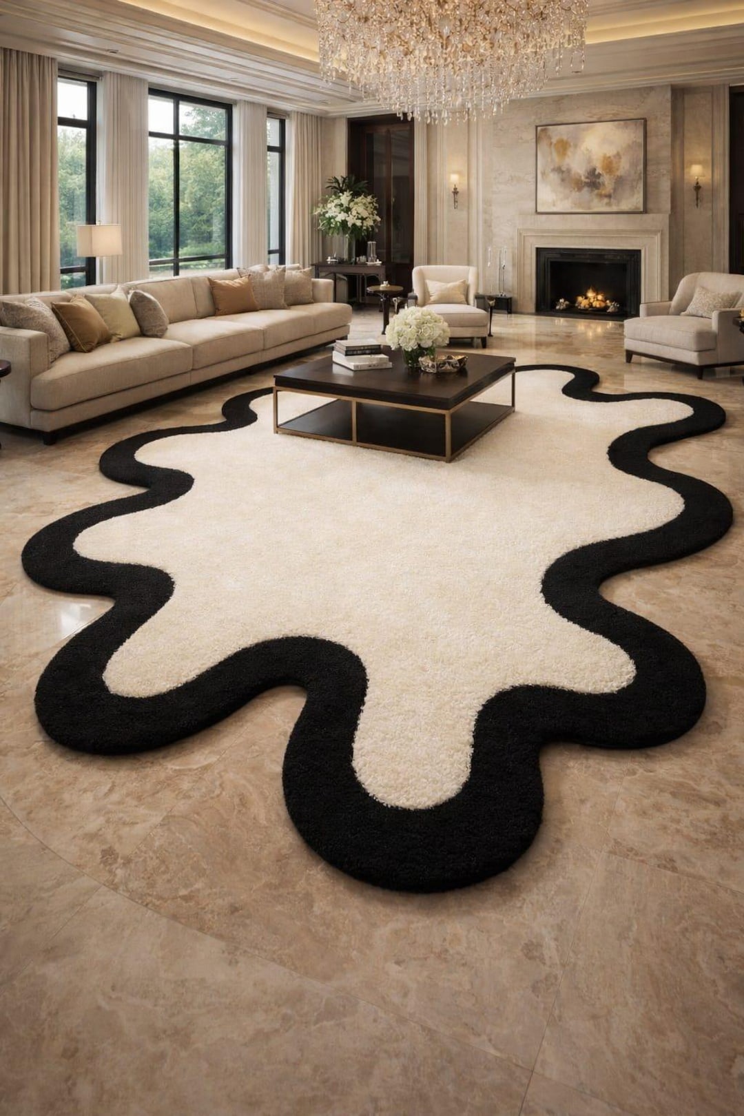 Handmade Abstract Scalloped Rug, Modern Ivory & Black Wavy Rug - Etsy