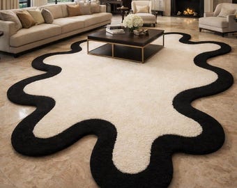Handmade Abstract Scalloped Rug, Modern Ivory & Black Wavy Rug