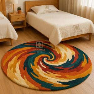 Colorful Swirl Round Rug – Abstract Teal Orange Yellow Carpet Modern Boho Circular Area Rug  Vibrant Living Room Floor Decor by Sanaheb Rugs