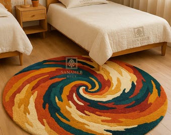 Tappeto rotondo a spirale trapuntato a mano, stile retrò, verde acqua, arancione, giallo, terracotta, con motivo a cerchi vorticosi, tappeto per ambienti anni '70, tappetino in lana psichedelico, decorazione per la stanza.