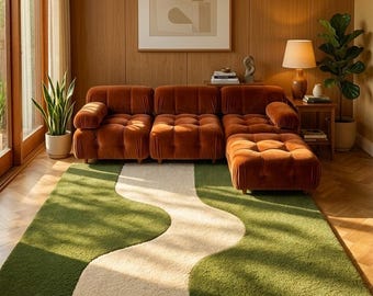 Green Abstract Area Rug, Modern Organic Wavy Pattern Carpet, Hand Tufted Olive Cream Rug for Living Room Bedroom, Mid Century Home Decor