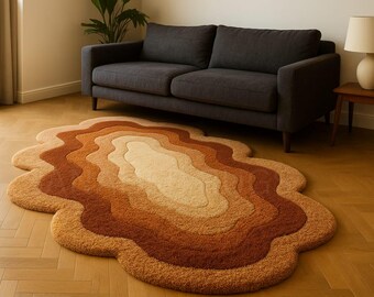 Alfombra de lana con forma orgánica / Pelo largo en tonos tierra, estilo boho chic
