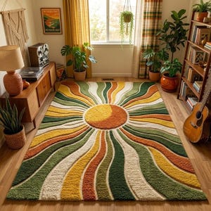 May include: A large, colorful area rug with a sunburst design. The rug features a central yellow circle with orange and white rays radiating outwards. The rays are in shades of green, yellow, and orange. The rug is placed on a wooden floor in a room with plants and a vintage stereo.