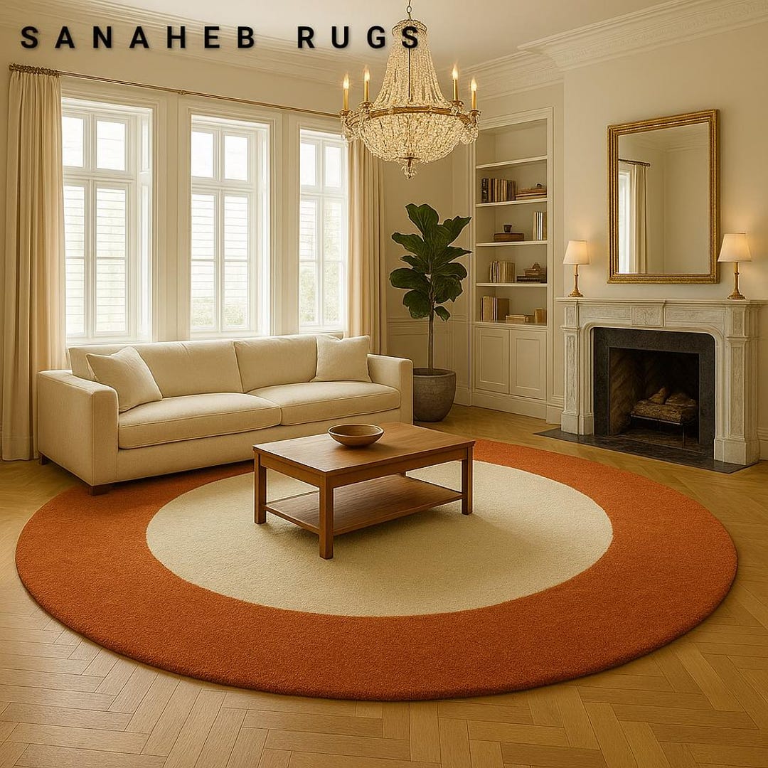 Round Orange Rug Handmade Round Wool Rug | Orange & Cream Color Block, Modern Boho - Etsy