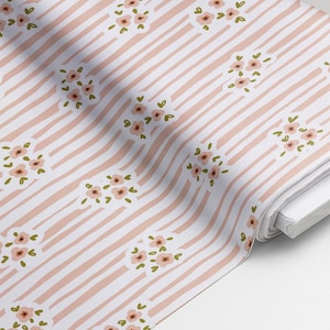 100% Cotton Fabric, Stripes - Floral Pink Fabric, Quilting Fabric, 147cm Wide, Half Metre / Metre, Flower, Stripes, Pretty Pink Peach Fabric
