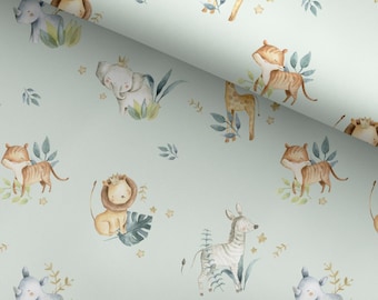100% Cotton Fabric, Green Safari Animals with Leaves, Fabric, Baby Nursery Fabric, Quilting Fabric, 147cm Wide, Half Metre / Metre