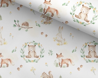 100% Cotton Fabric, Woodland Bears, Fabric, Baby Nursery Fabric, Quilting Fabric, 147cm Wide, Per Meter, Woodland Animals