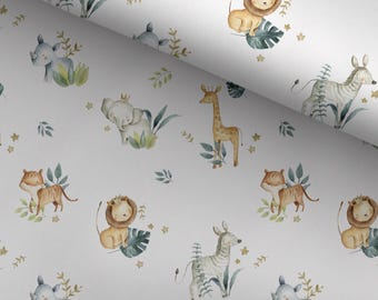 100% Cotton Fabric, Safari Animals with Leaves, Fabric, Baby Nursery Fabric, Quilting Fabric, 147cm Wide, Half Metre / Metre