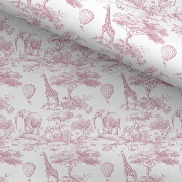100% Cotton Fabric, Chinoiserie Toile de Jouy Safari - Deep Pink, Fabric, Baby Nursery Fabric, Quilting Fabric, 147cm Wide, Meter
