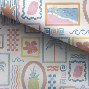 May include: A white fabric featuring a repeating pattern of framed tropical illustrations. The design includes images of a beach scene, seashells, pineapples, and flowers in pastel colors, framed with blue and peach borders.