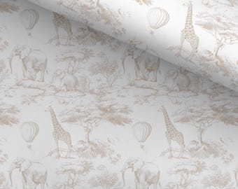 100% Cotton Fabric, Chinoiserie Toile de Jouy Safari - Beige, Fabric, Baby Nursery Fabric, Quilting Fabric, 147cm Wide, Half Metre/Metre