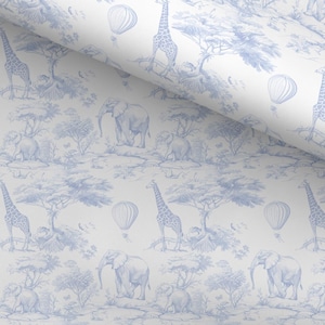 100%コットン生地、シノワズリ トワル・ド・ジュイ サファリ - ブルー、生地、ベビールーム生地、キルティング生地、幅147 cm、メートル