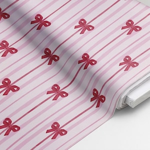 100% Cotton Fabric, Pink Stripes & Red Bows, Fabric, Baby Nursery Fabric, Quilting Fabric, 147cm Wide, Half Metre / Metre