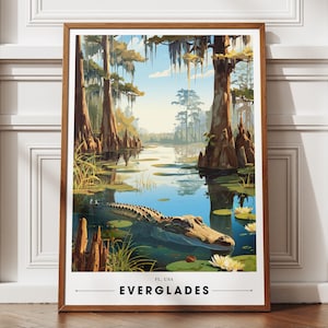 Pôster de viagem dos Everglades da Flórida, impressão artística de jacaré, decoração de parede com tema de natureza e pântanos, ilustração de paisagem cênica da Flórida, arte dos EUA
