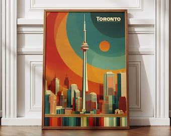 Toronto, Canada – Retro reisposter, CN Tower en skyline van de stad, vintage muurkunst, Canadees monument en stedelijk decorcadeau