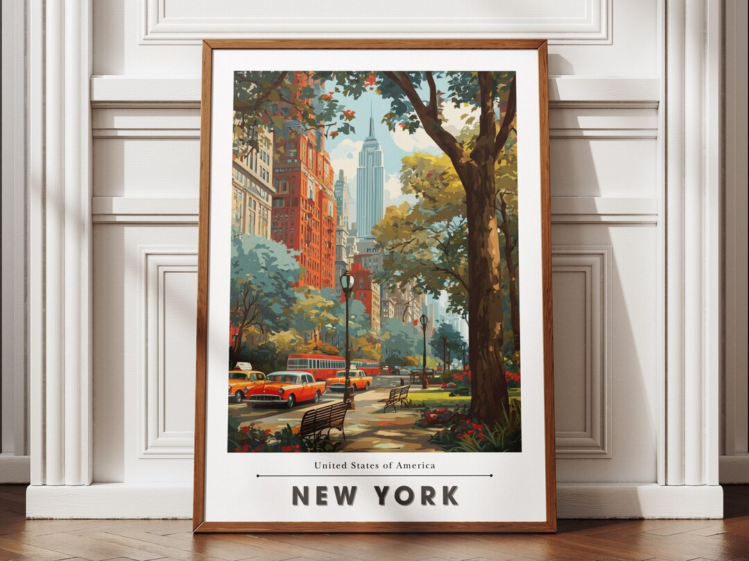 New York City Travel Poster – Flat Design Skyline & Streets Wall Art ...