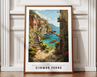 Cinque Terre Italy Travel Poster – Colorful Cliffside Houses, Fishing Boats & Terraced Vineyards, Modern Vintage Flat Vector Wall Art Print