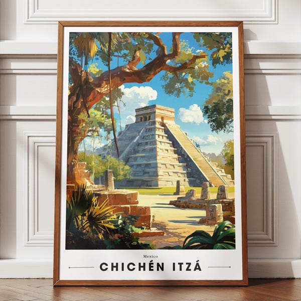 Chichen Itza Travel Poster, Mayan Pyramid Mexico Print, Ancient Ruins Wall Decor, Yucatán Landscape Illustration, History Art Print