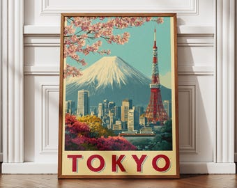 Tokyo, Japan – Retro Travel Poster, Mount Fuji in the Distance with Cherry Blossoms, Vintage Style Wall Art Print, Japanese Decor Gift