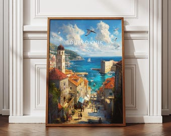 Dubrovnik Croatia Travel Poster – Historic City Walls & Coastal Streets Wall Art Print, Old Town, Croatian Culture Decor, Europe Gift