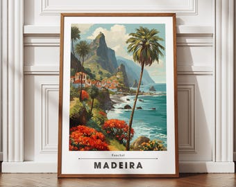 Madeira Travel Poster – Flat Design Cliffs & Villages Wall Art Print, Minimal Portuguese Island Landscape Decor, Coastal Home Gift