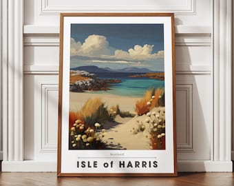 Isle of Harris Schotland reisposter – kustlandschap muurkunst print, Hebriden, strand en heuvels decor, Schotse natuur cadeau